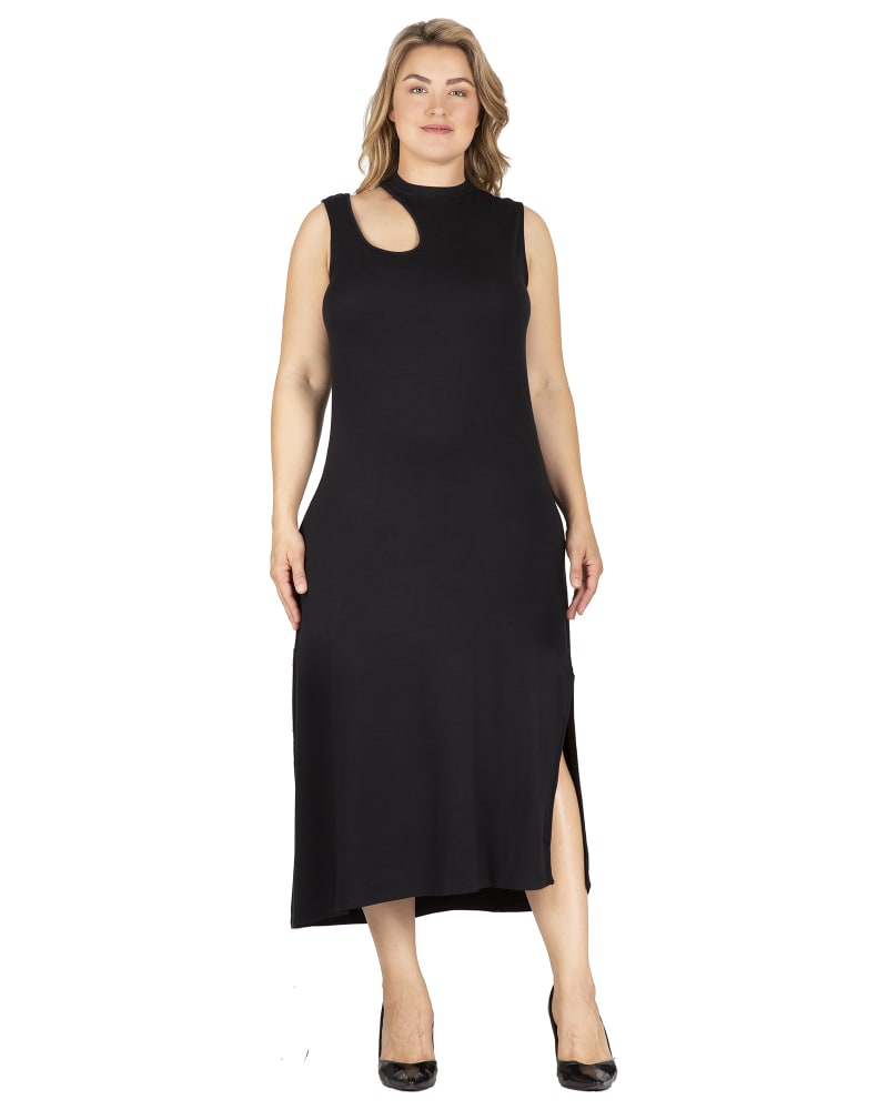 Front of a model wearing a size XL Women's Elegant Cut-Out Knit Jersey Maxi Tank Dress in Black by Standards & Practices. | dia_product_style_image_id:275802